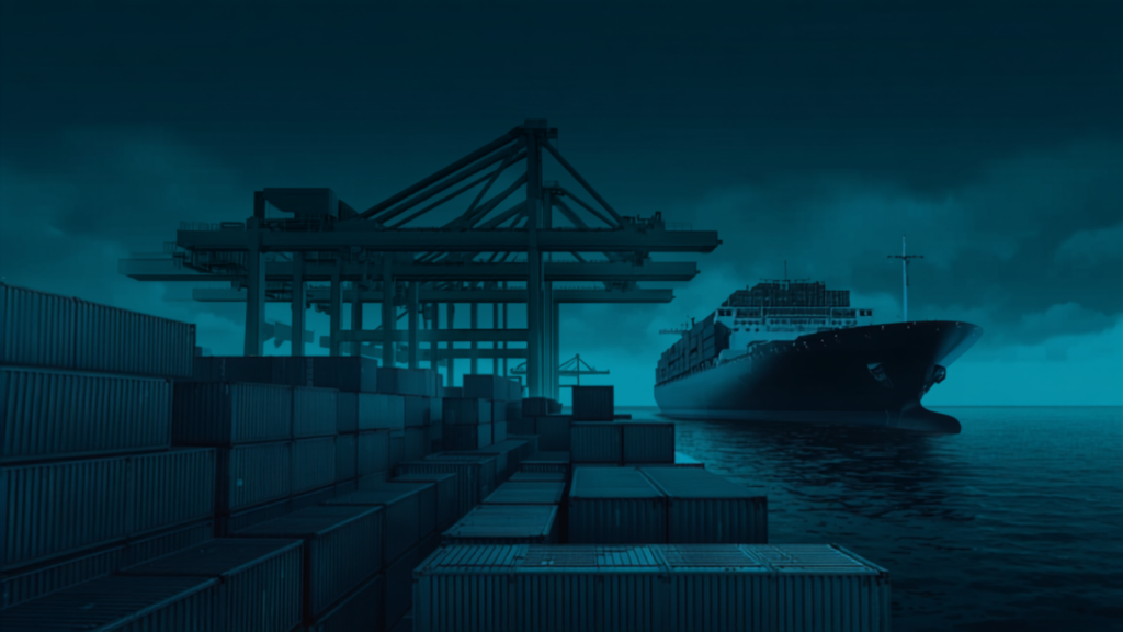 Puerto de carga con contenedores apilados y buque de carga internacional, representando el flete internacional hacia Guatemala