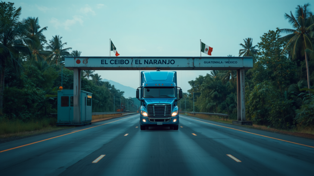 Camión de carga cruzando la frontera terrestre El Ceibo entre Petén, Guatemala y Tabasco, México